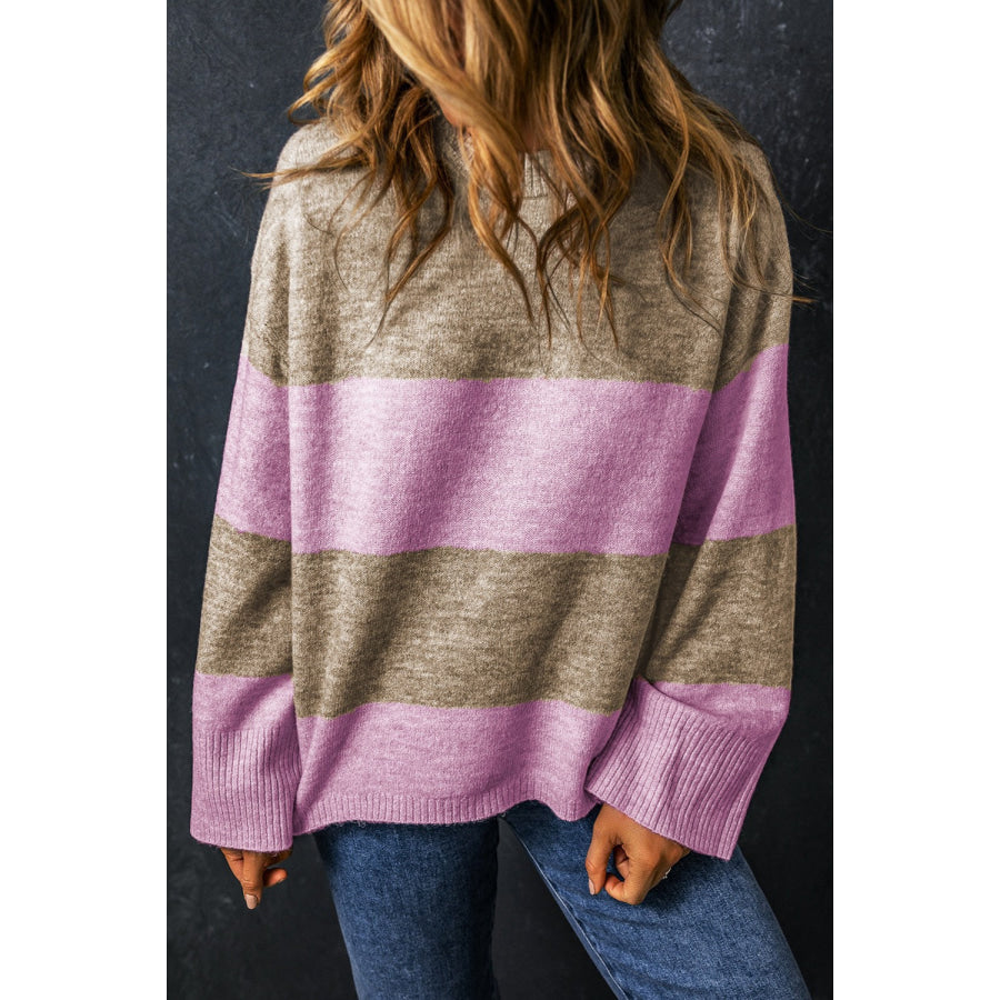 Color Block Round Neck Long Sleeve Sweater Pink / S Apparel and Accessories