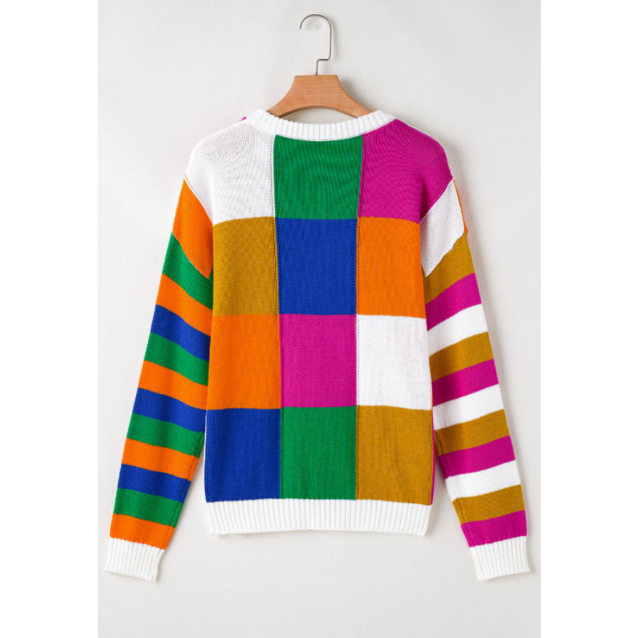 Color Block Round Neck Long Sleeve Sweater Apparel and Accessories