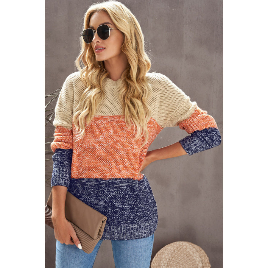 Color Block Round Neck Long Sleeve Sweater Apparel and Accessories