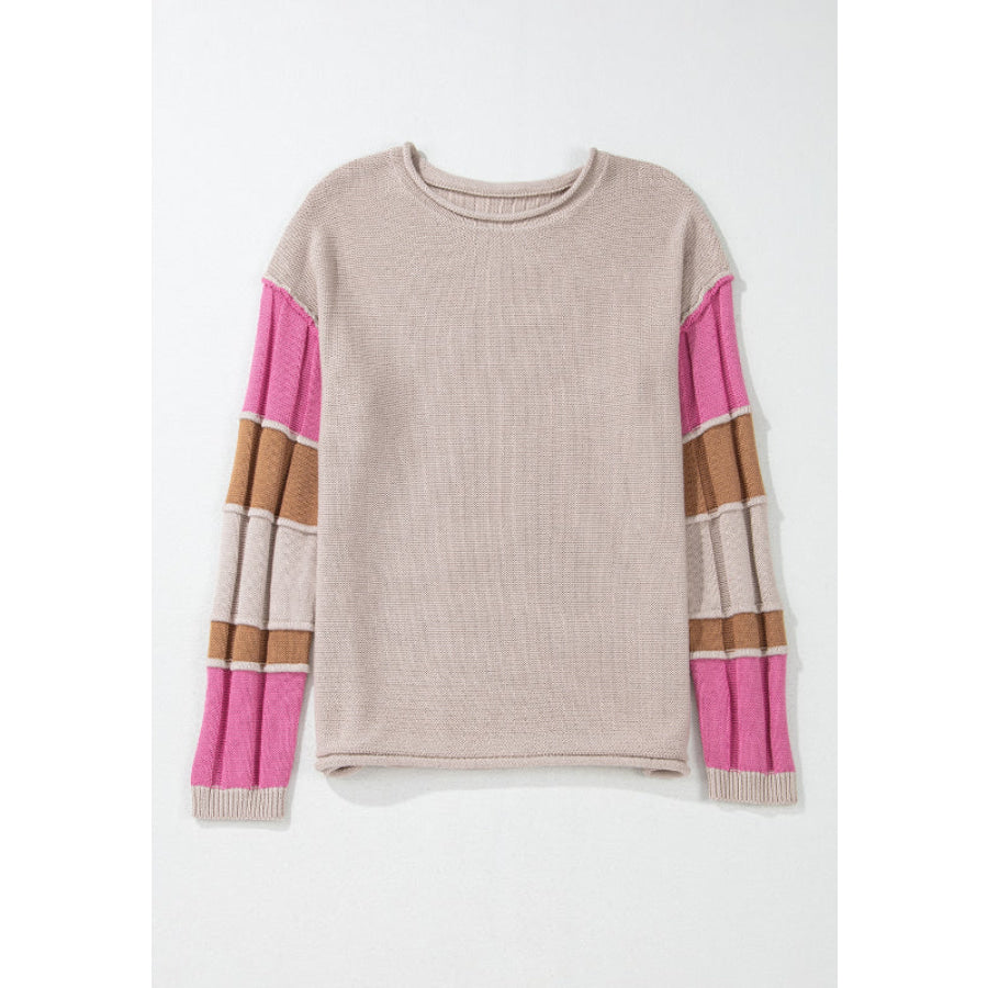 Color Block Round Neck Long Sleeve Sweater Apparel and Accessories