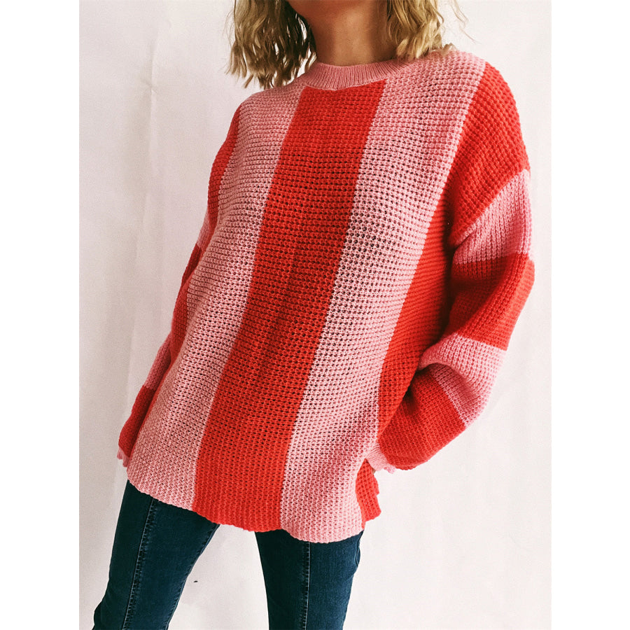 Color Block Round Neck Long Sleeve Sweater Apparel and Accessories