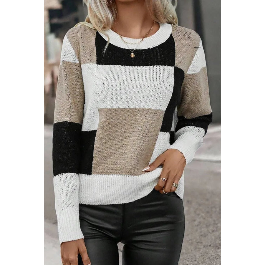 Color Block Round Neck Long Sleeve Sweater Black / S Apparel and Accessories
