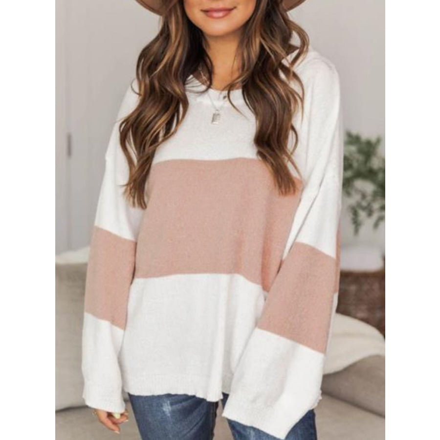 Color Block Round Neck Long Sleeve Sweater Apparel and Accessories
