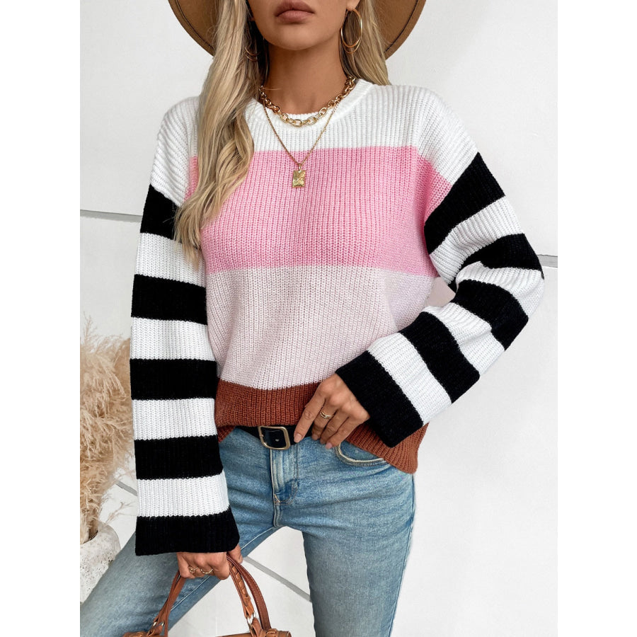 Color Block Round Neck Long Sleeve Sweater Blush Pink / S Apparel and Accessories