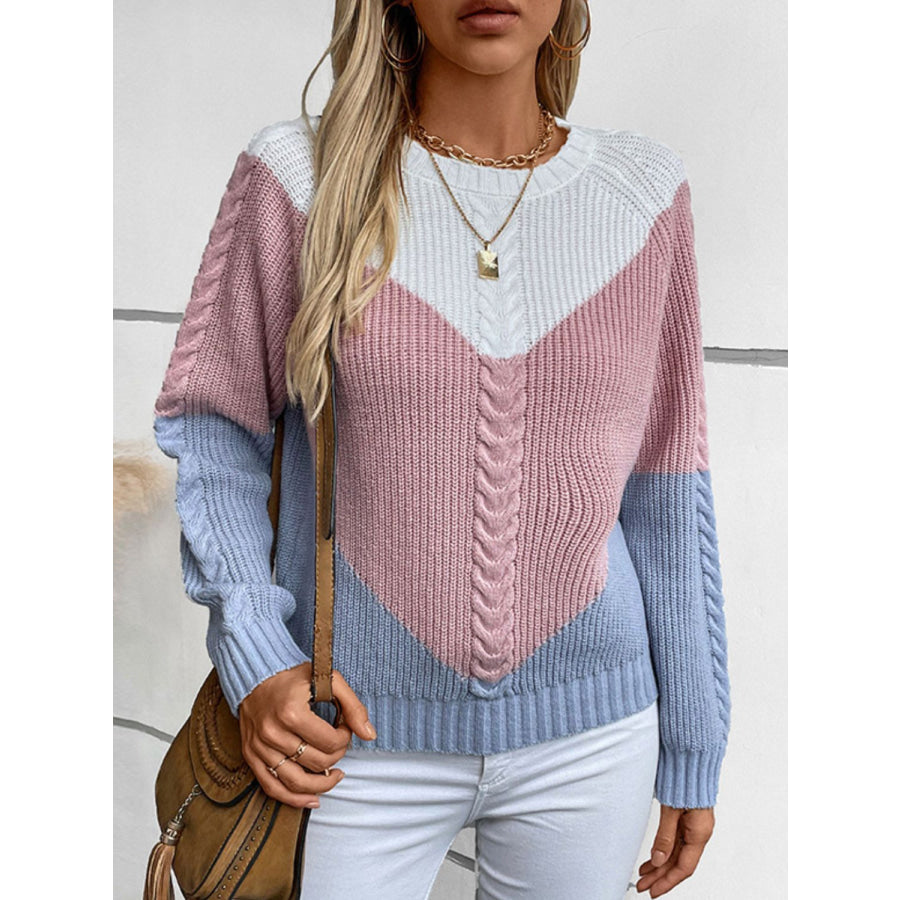 Color Block Round Neck Long Sleeve Sweater Blush Pink / S Apparel and Accessories