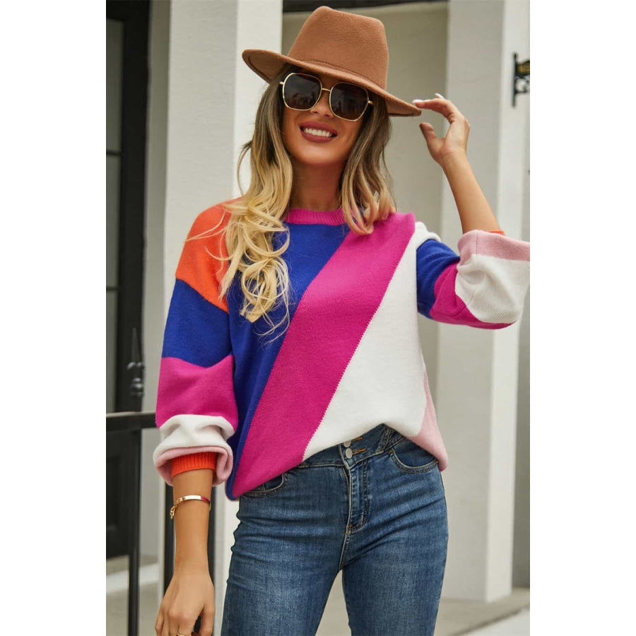 Color Block Round Neck Long Sleeve Sweater Deep Rose / S