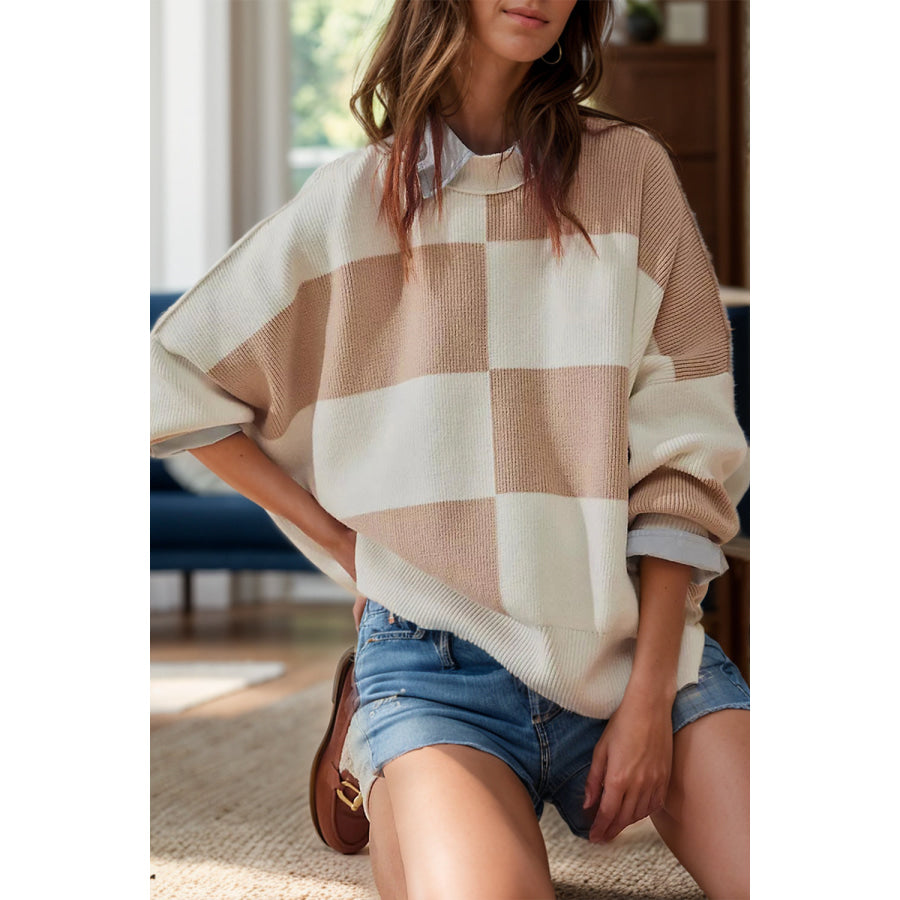 Color Block Round Neck Long Sleeve Sweater Dust Storm / S Apparel and Accessories