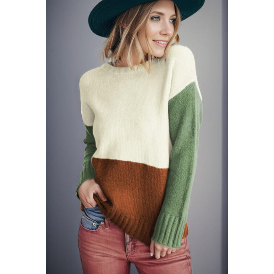 Color Block Round Neck Long Sleeve Sweater Gum Leaf / S