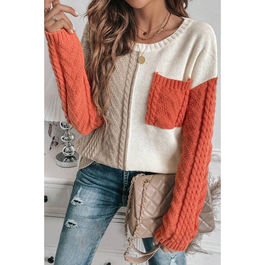 Color Block Round Neck Long Sleeve Sweater Orange / S Apparel and Accessories