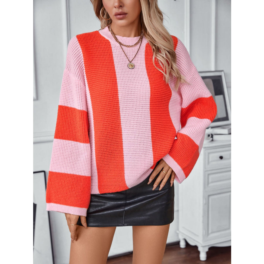 Color Block Round Neck Long Sleeve Sweater Orange / S Apparel and Accessories