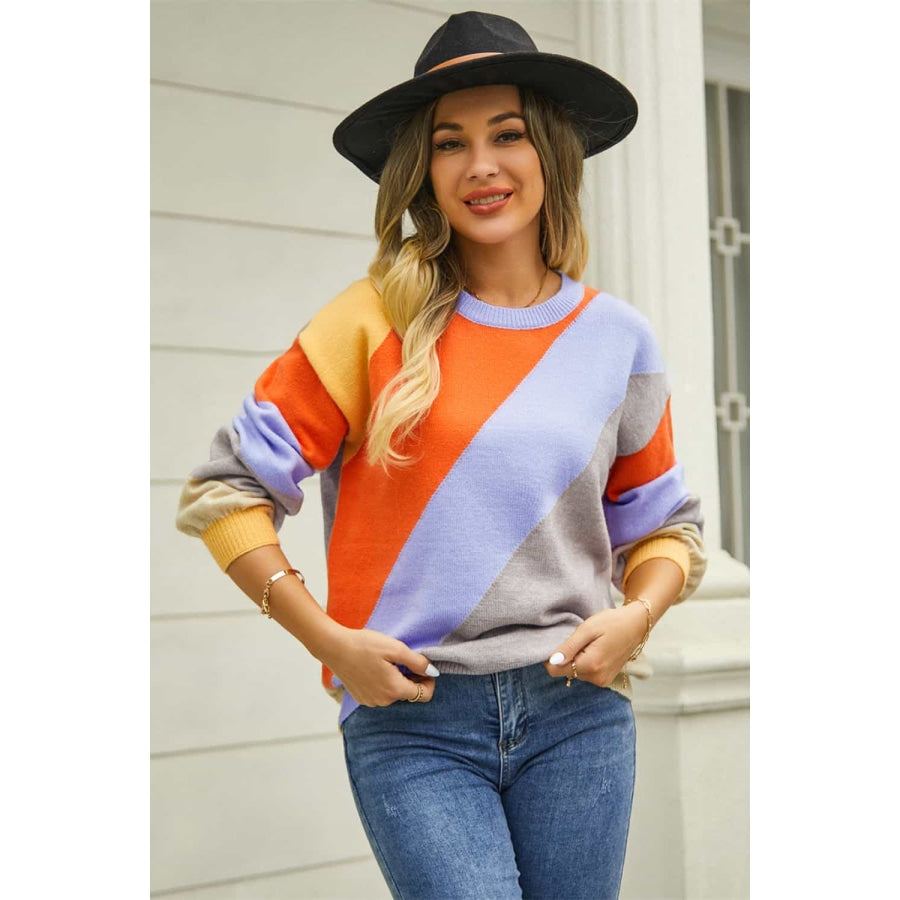 Color Block Round Neck Long Sleeve Sweater Periwinkle / S