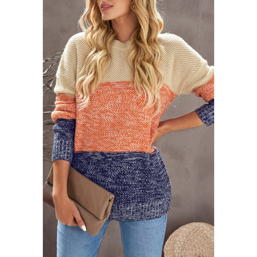 Color Block Round Neck Long Sleeve Sweater Sherbet / M Apparel and Accessories