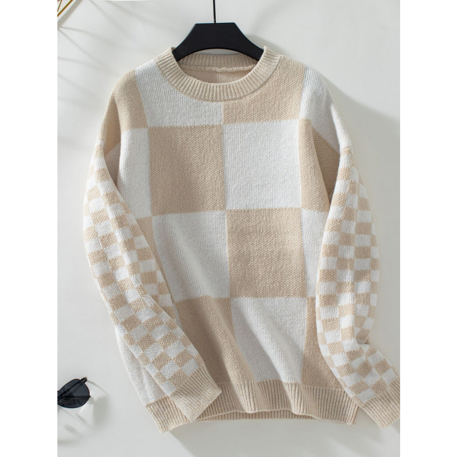 Color Block Round Neck Long Sleeve Sweater Tan / S Apparel and Accessories