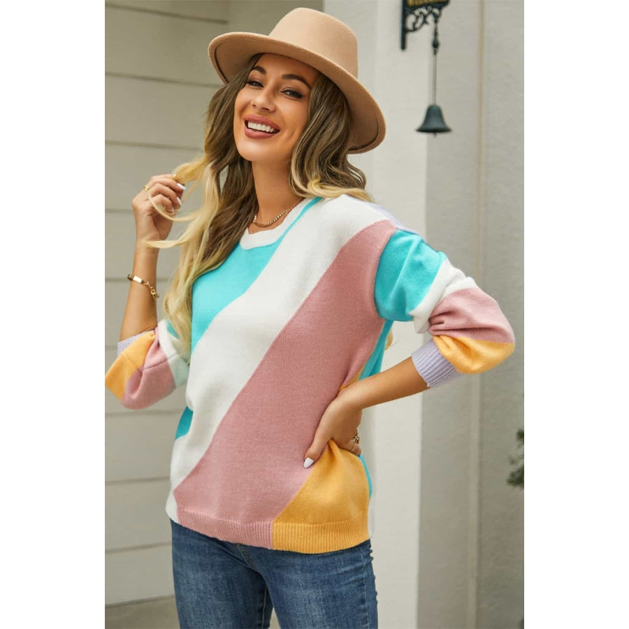 Color Block Round Neck Long Sleeve Sweater