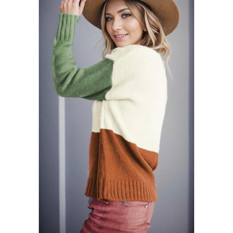 Color Block Round Neck Long Sleeve Sweater