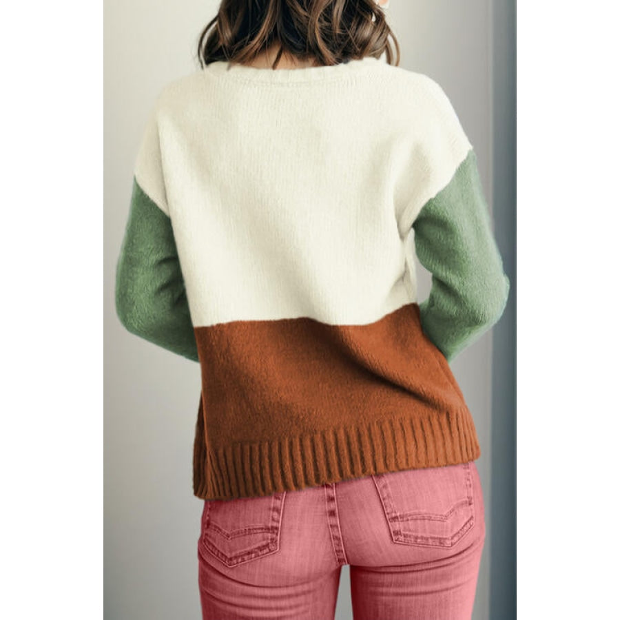 Color Block Round Neck Long Sleeve Sweater