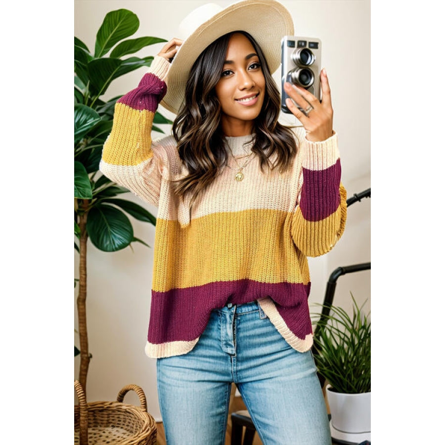 Color Block Round Neck Long Sleeve Sweater