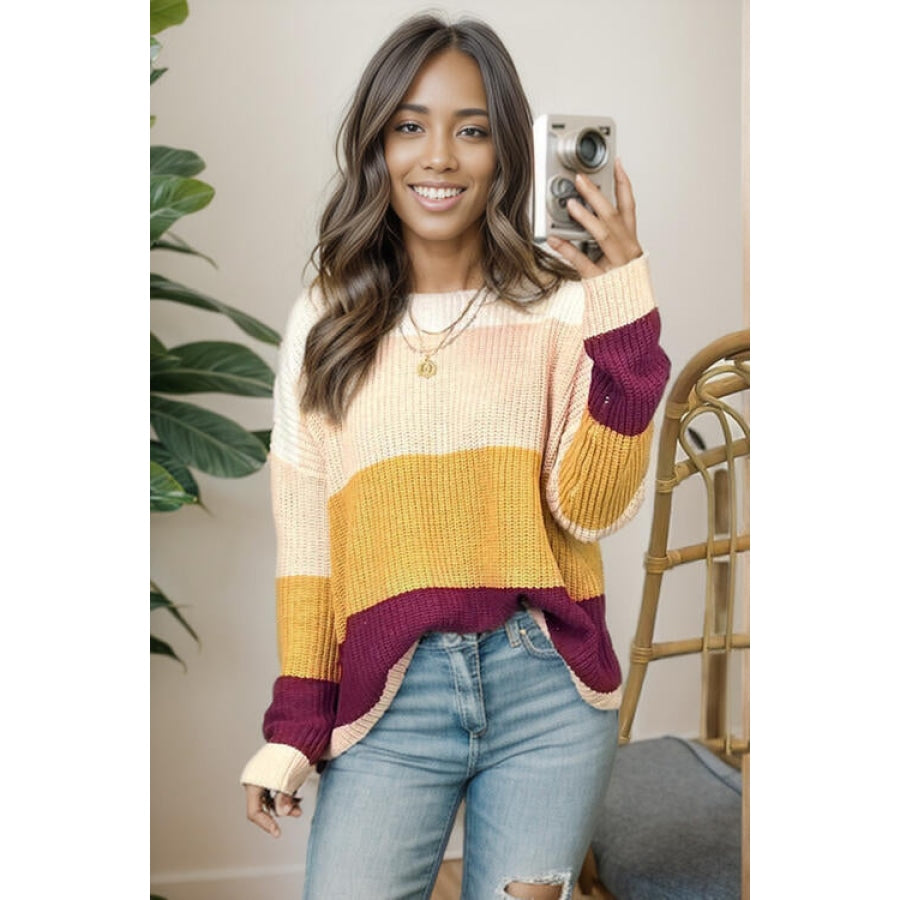 Color Block Round Neck Long Sleeve Sweater