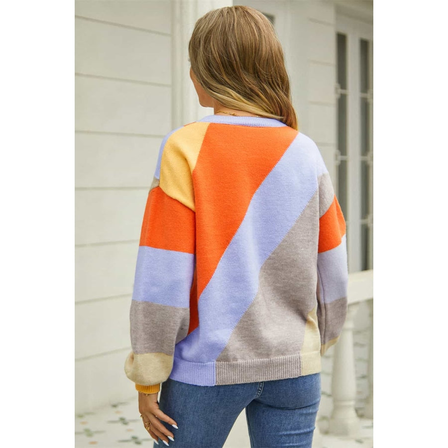 Color Block Round Neck Long Sleeve Sweater