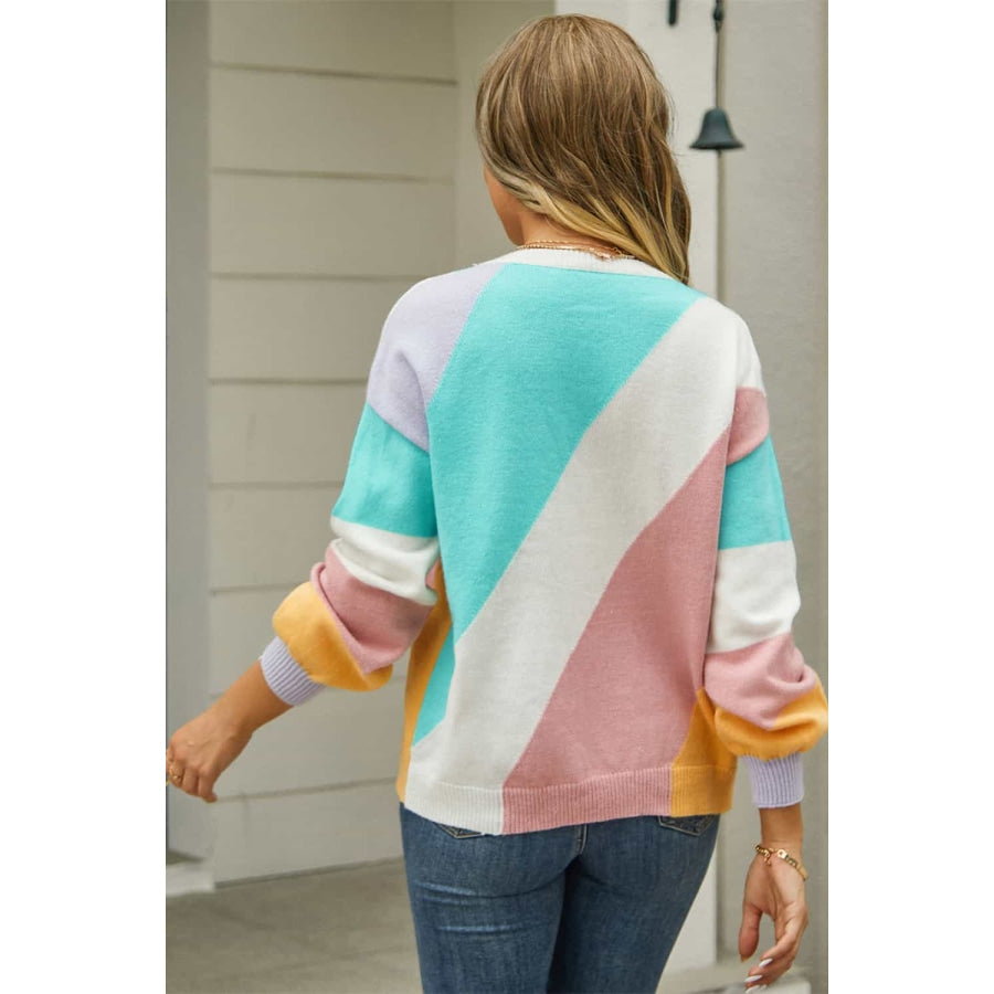 Color Block Round Neck Long Sleeve Sweater