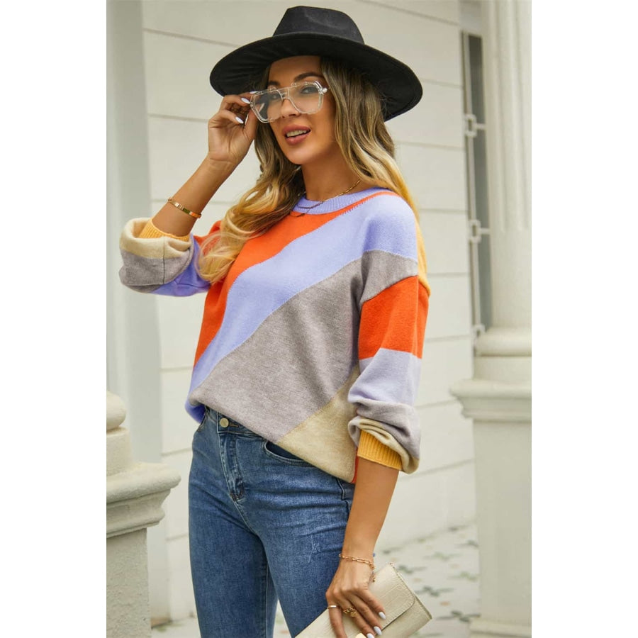 Color Block Round Neck Long Sleeve Sweater