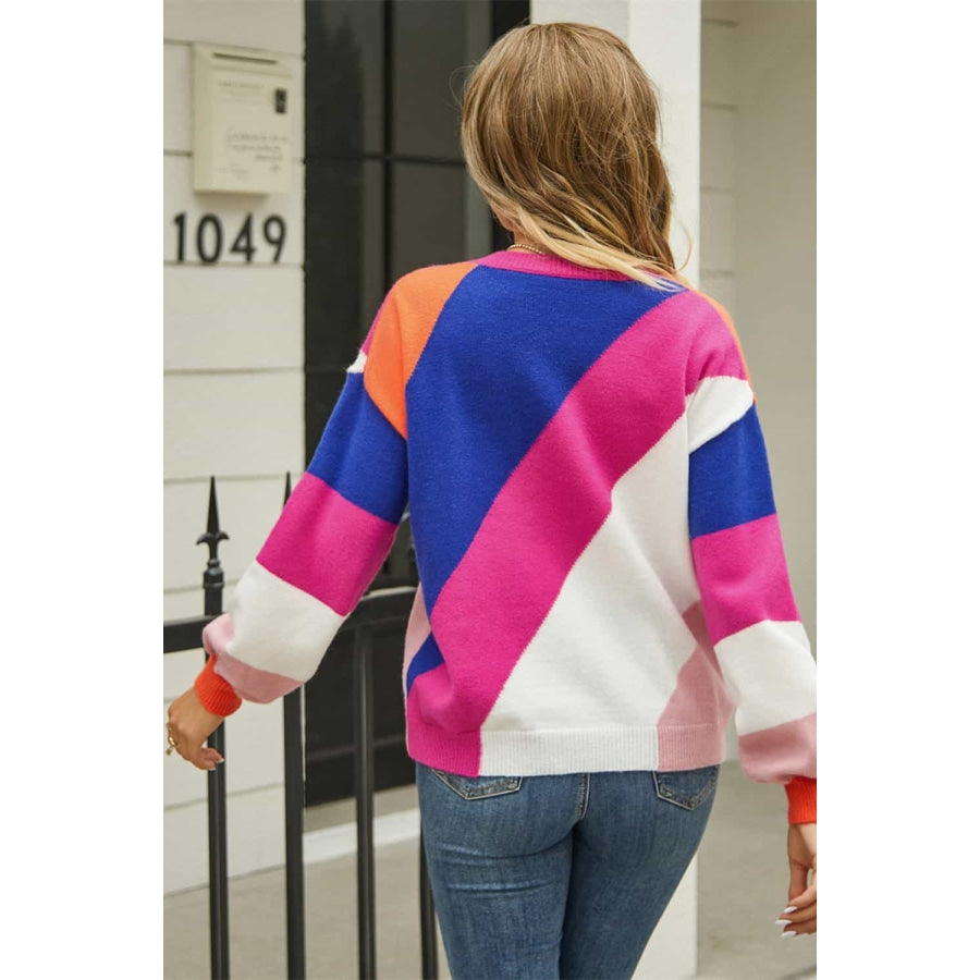 Color Block Round Neck Long Sleeve Sweater