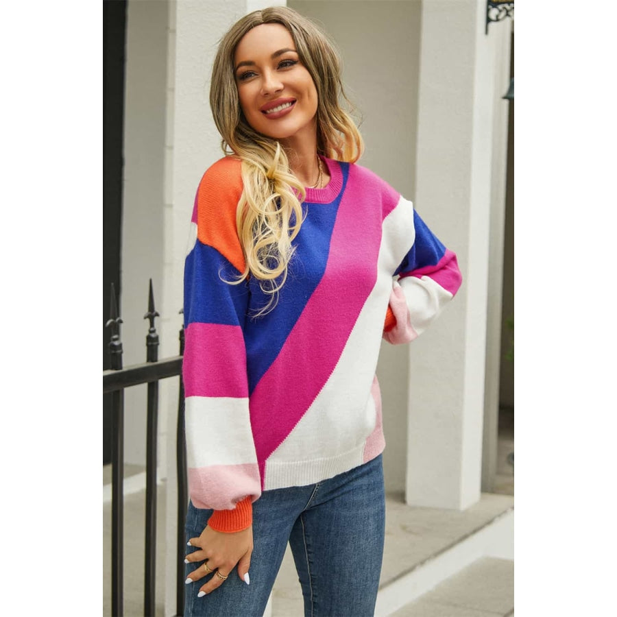 Color Block Round Neck Long Sleeve Sweater