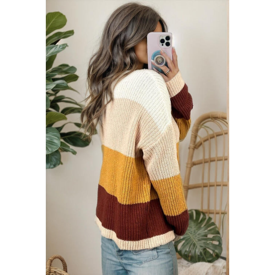 Color Block Round Neck Long Sleeve Sweater