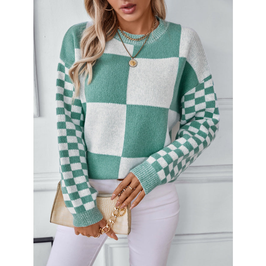 Color Block Round Neck Long Sleeve Sweater Turquoise / S Apparel and Accessories