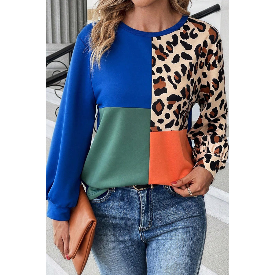 Color Block Round Neck Long Sleeve Sweatshirt Royal Blue / S Apparel and Accessories