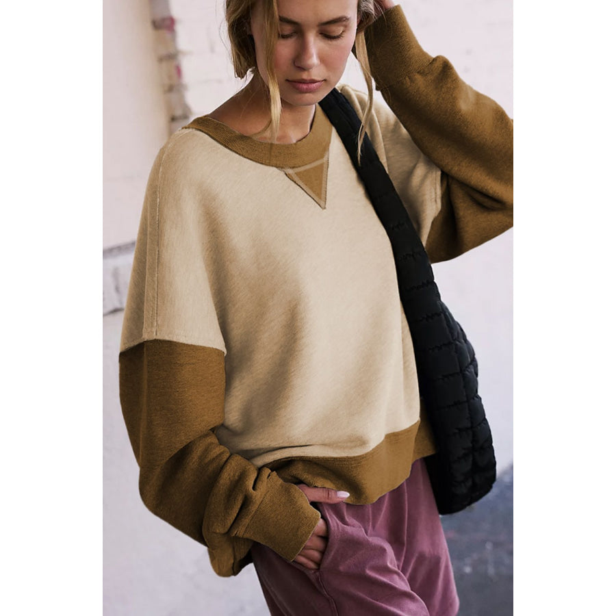 Color Block Round Neck Long Sleeve Sweatshirt Apparel and Accessories