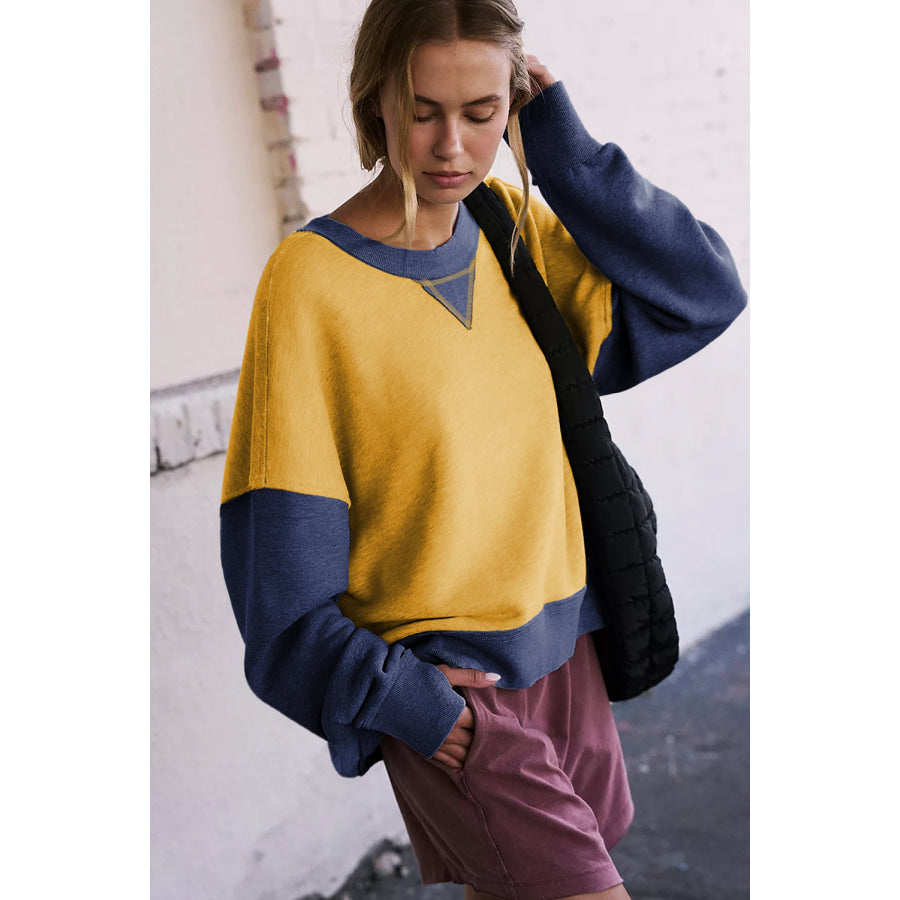 Color Block Round Neck Long Sleeve Sweatshirt Yellow / S Apparel and Accessories