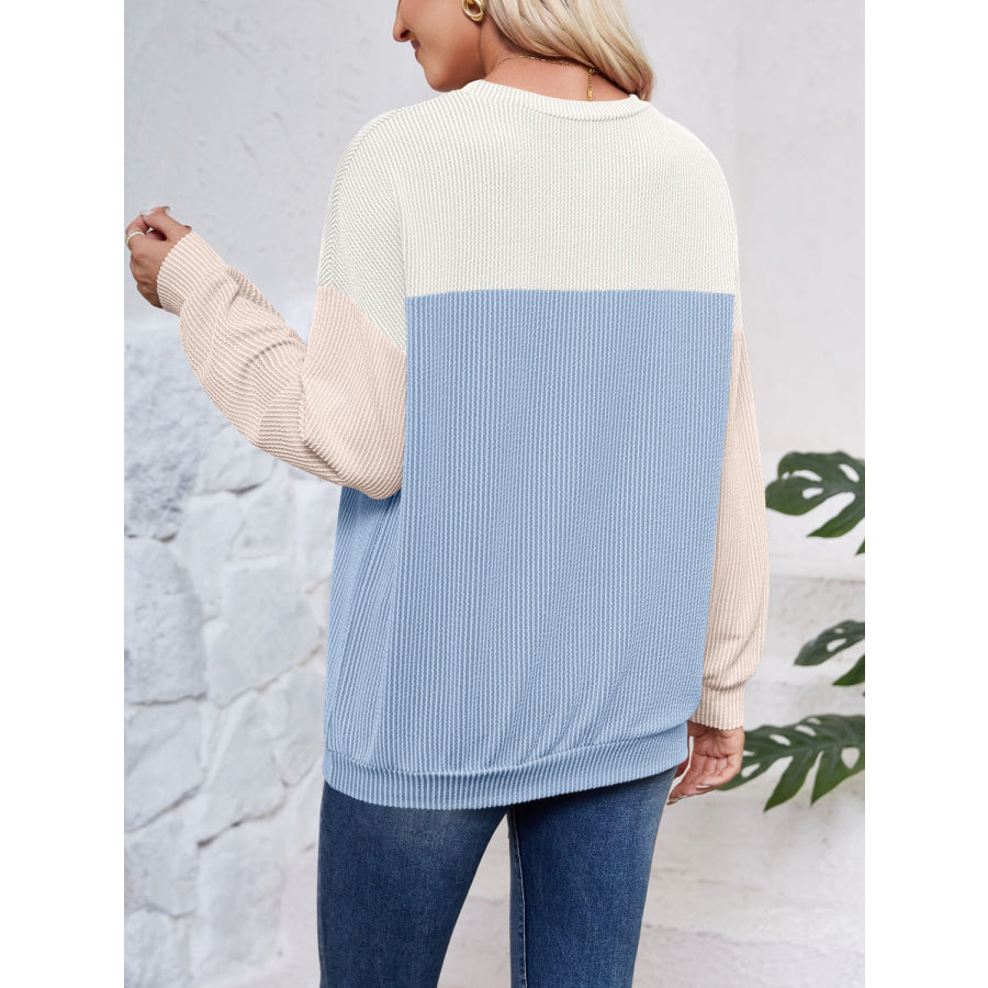 Color Block Round Neck Long Sleeve Sweatshirt Light Blue / S Apparel and Accessories
