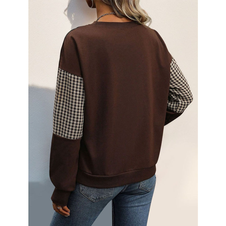 Color Block Round Neck Long Sleeve Sweatshirt Dark Brown / S Apparel and Accessories