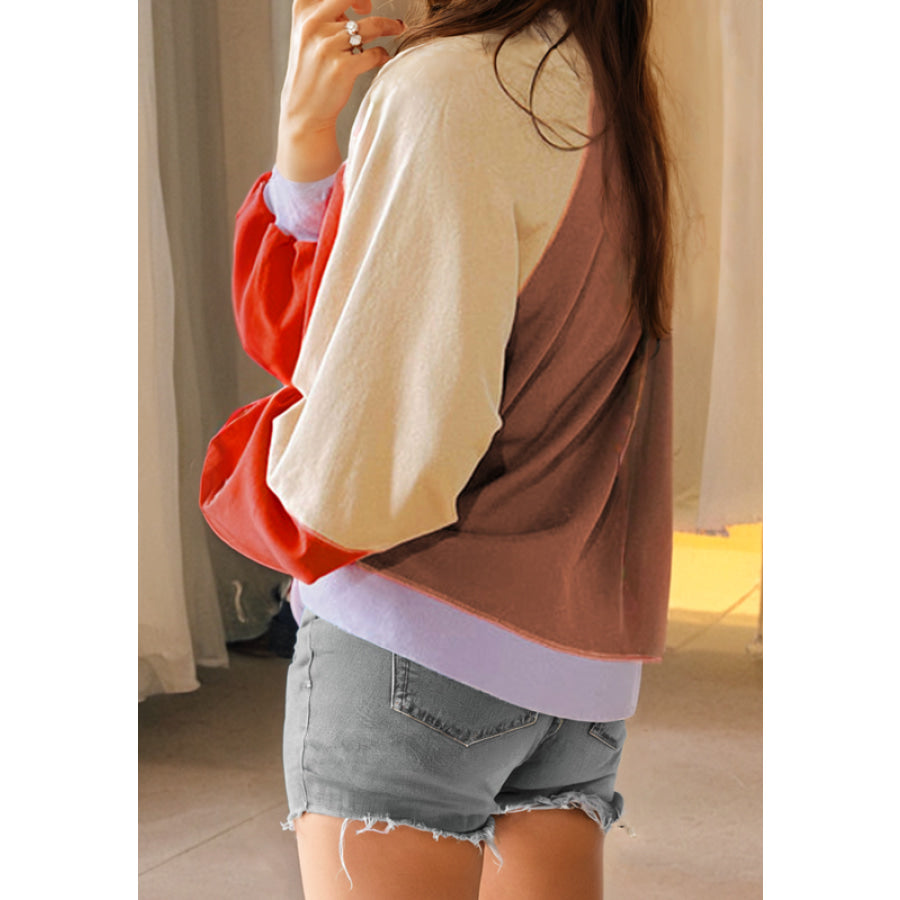 Color Block Round Neck Long Sleeve Sweatshirt Apparel and Accessories