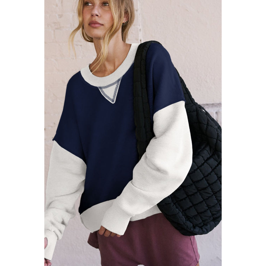 Color Block Round Neck Long Sleeve Sweatshirt Apparel and Accessories