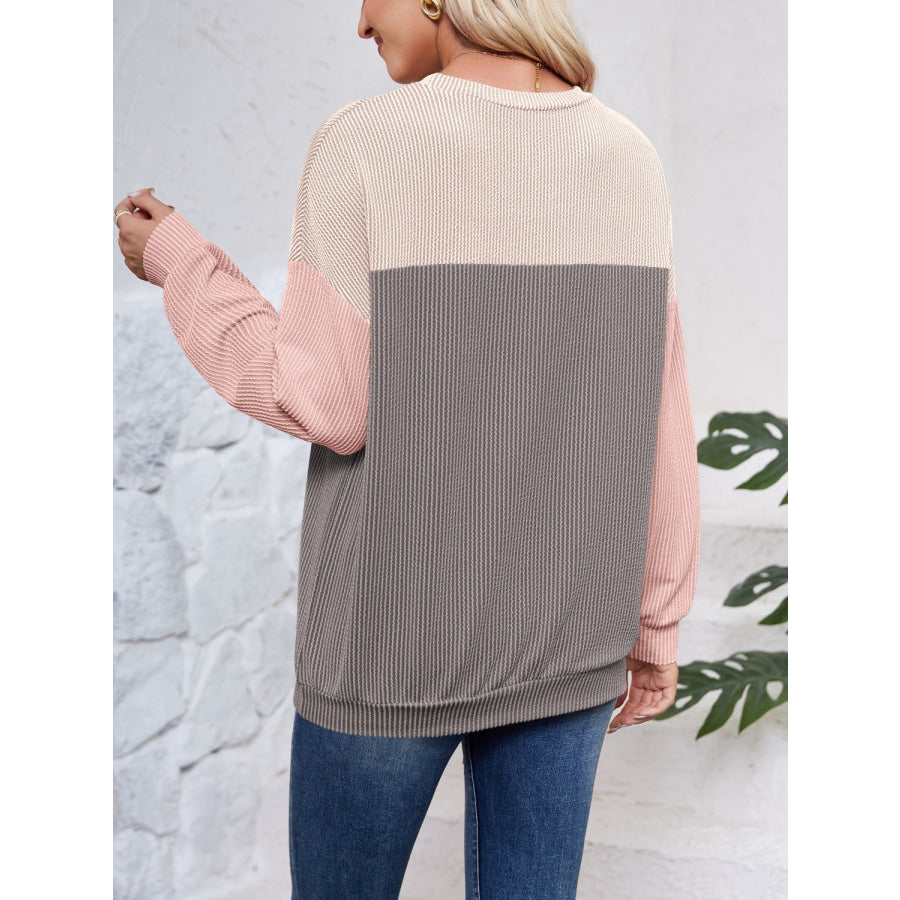 Color Block Round Neck Long Sleeve Sweatshirt Apparel and Accessories