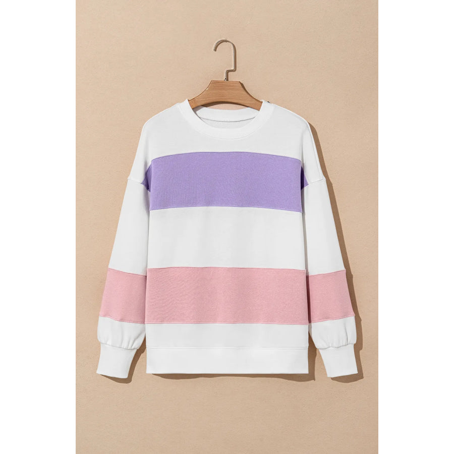 Color Block Round Neck Long Sleeve Sweatshirt White / S Apparel and Accessories