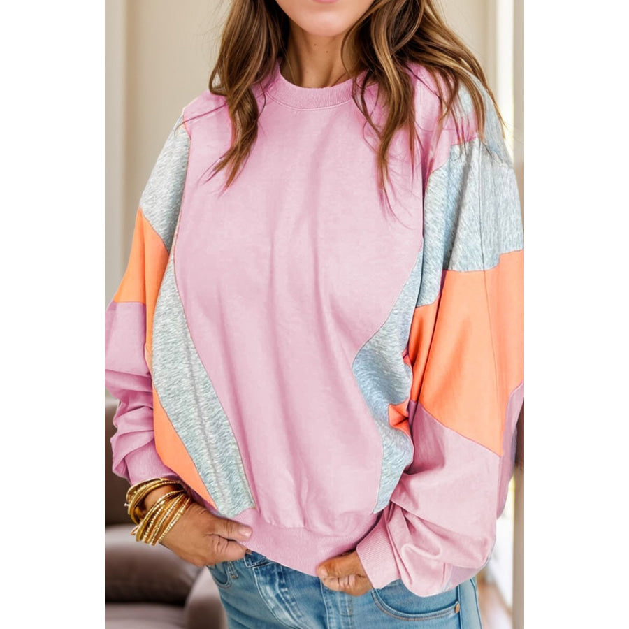 Color Block Round Neck Long Sleeve Sweatshirt Blush Pink / S Apparel and Accessories