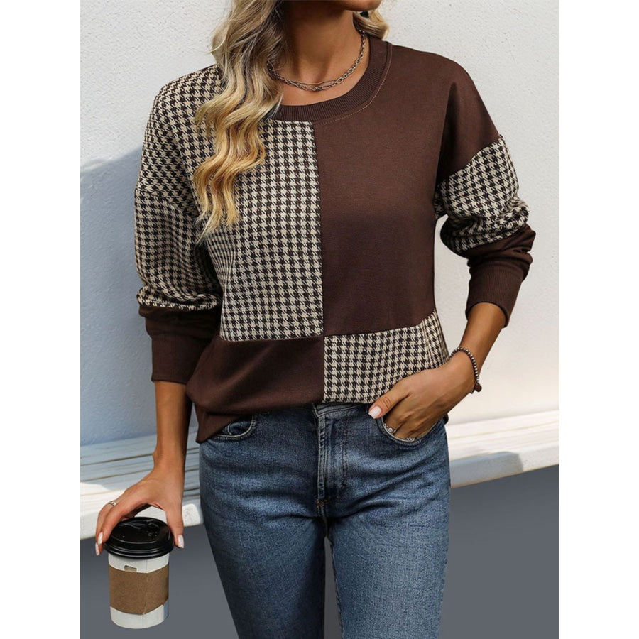 Color Block Round Neck Long Sleeve Sweatshirt Dark Brown / S Apparel and Accessories