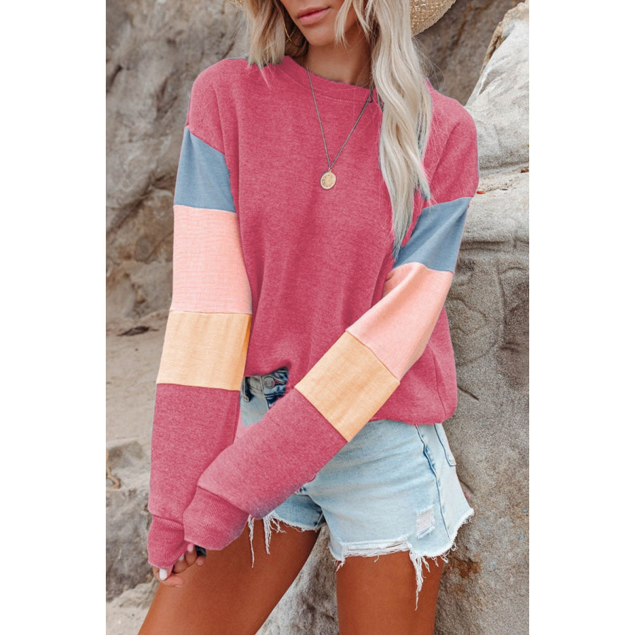 Color Block Round Neck Long Sleeve Sweatshirt Dusty Pink / S Apparel and Accessories