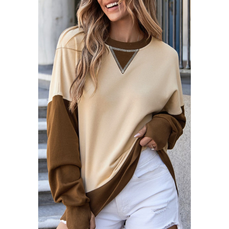 Color Block Round Neck Long Sleeve Sweatshirt Khaki / S Apparel and Accessories