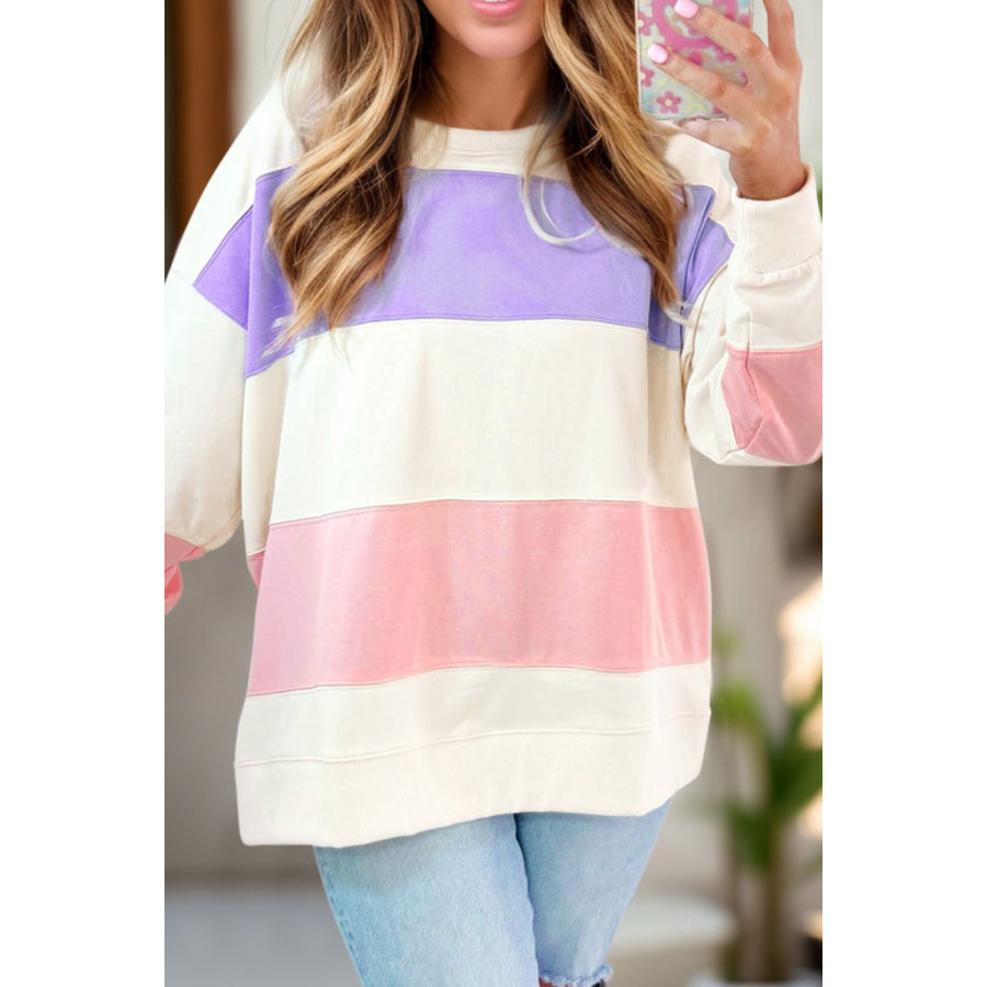 Color Block Round Neck Long Sleeve Sweatshirt White / S Apparel and Accessories