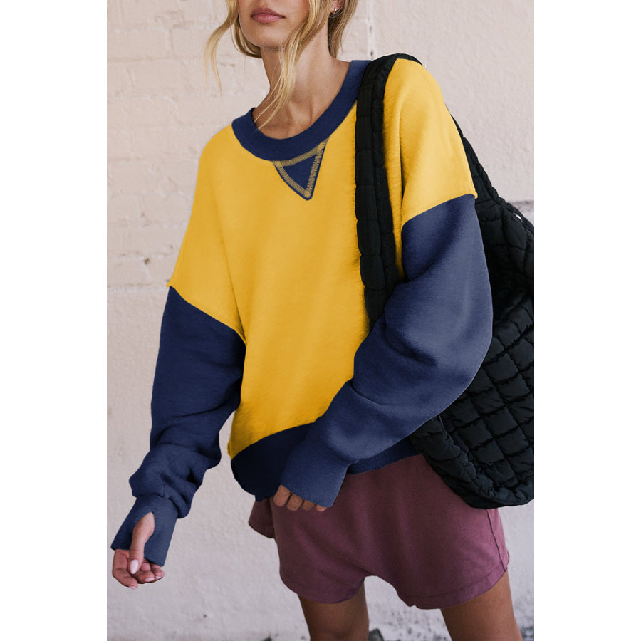 Color Block Round Neck Long Sleeve Sweatshirt Yellow / S Apparel and Accessories