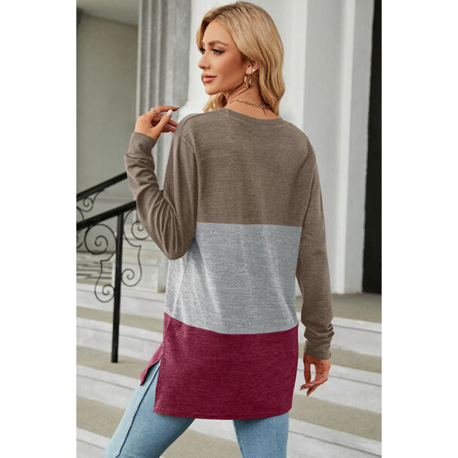 Color Block Round Neck Long Sleeve T - Shirt Apparel and Accessories