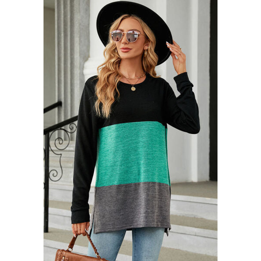 Color Block Round Neck Long Sleeve T - Shirt Apparel and Accessories