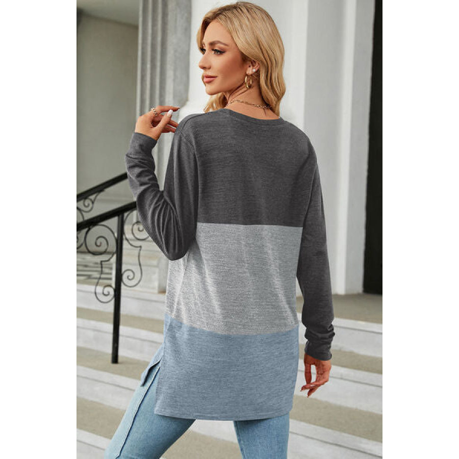 Color Block Round Neck Long Sleeve T - Shirt Apparel and Accessories