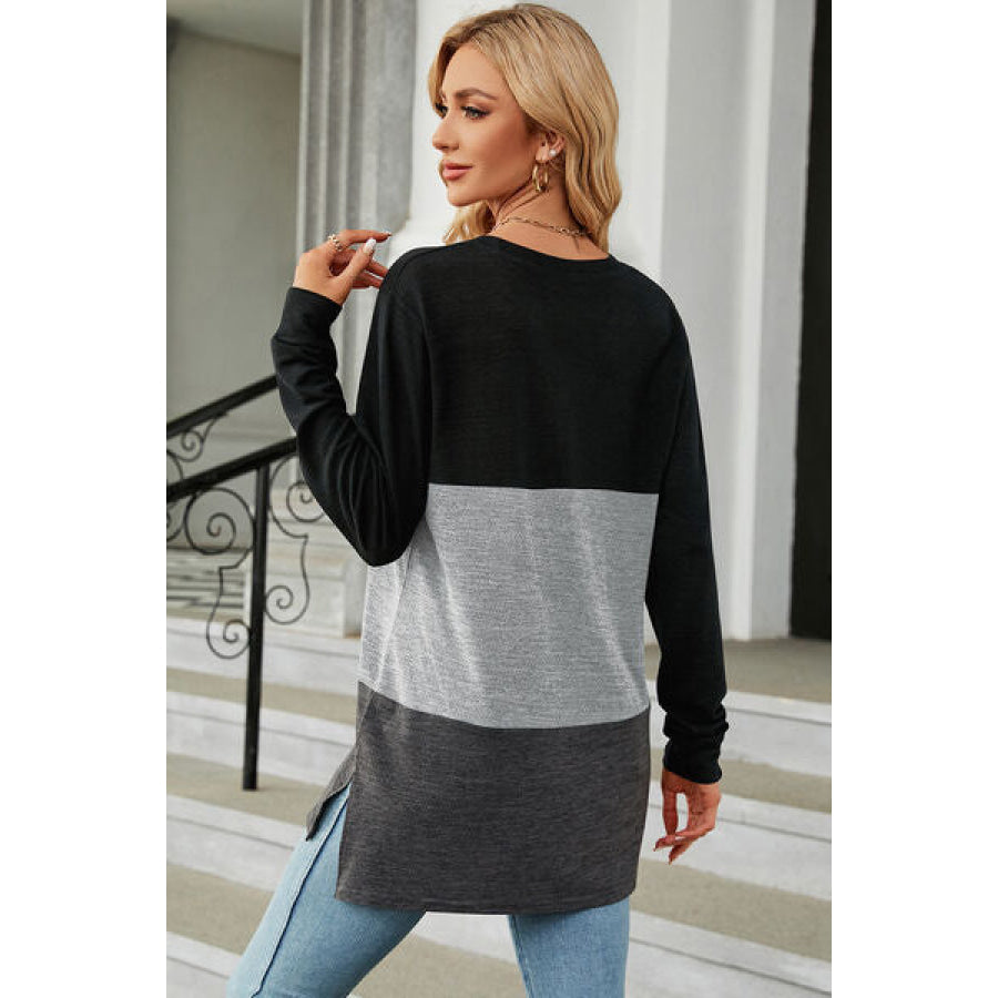 Color Block Round Neck Long Sleeve T - Shirt Apparel and Accessories
