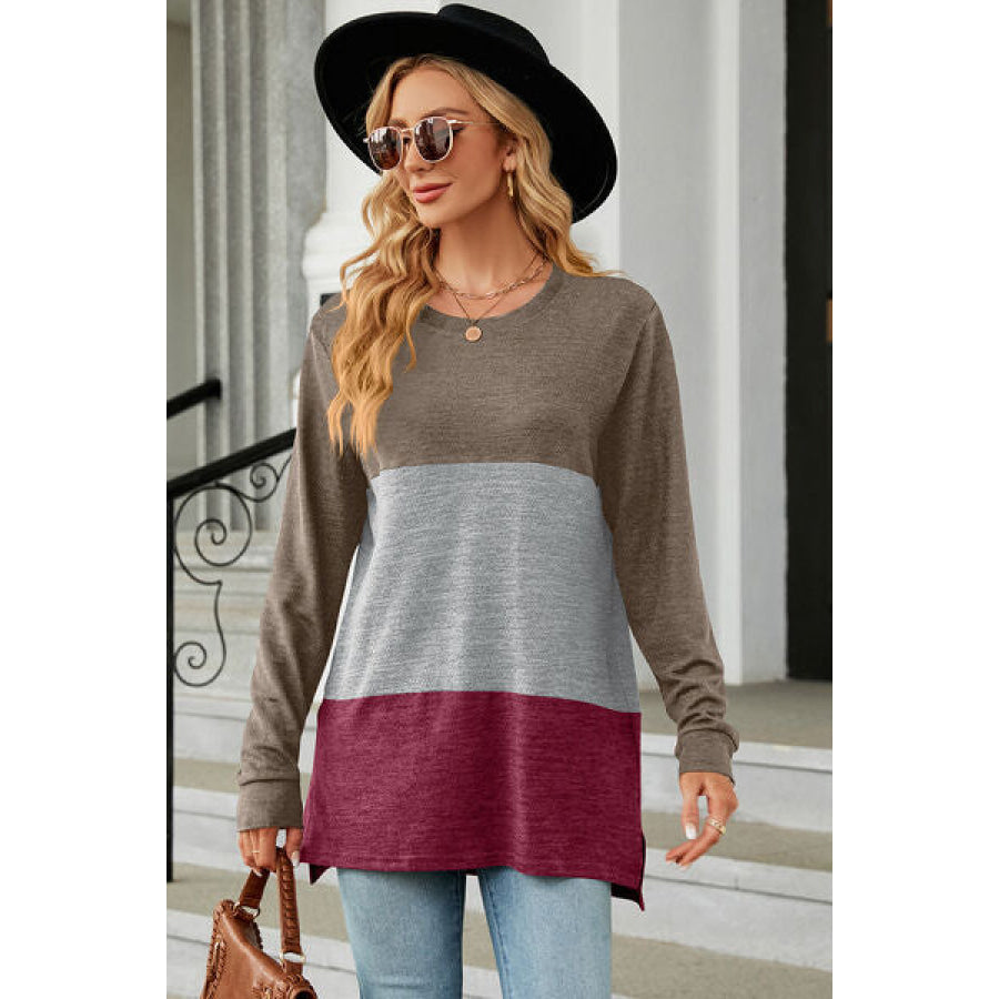 Color Block Round Neck Long Sleeve T - Shirt Camel / S Apparel and Accessories