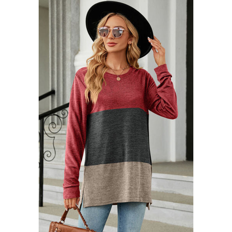 Color Block Round Neck Long Sleeve T - Shirt Charcoal / S Apparel and Accessories
